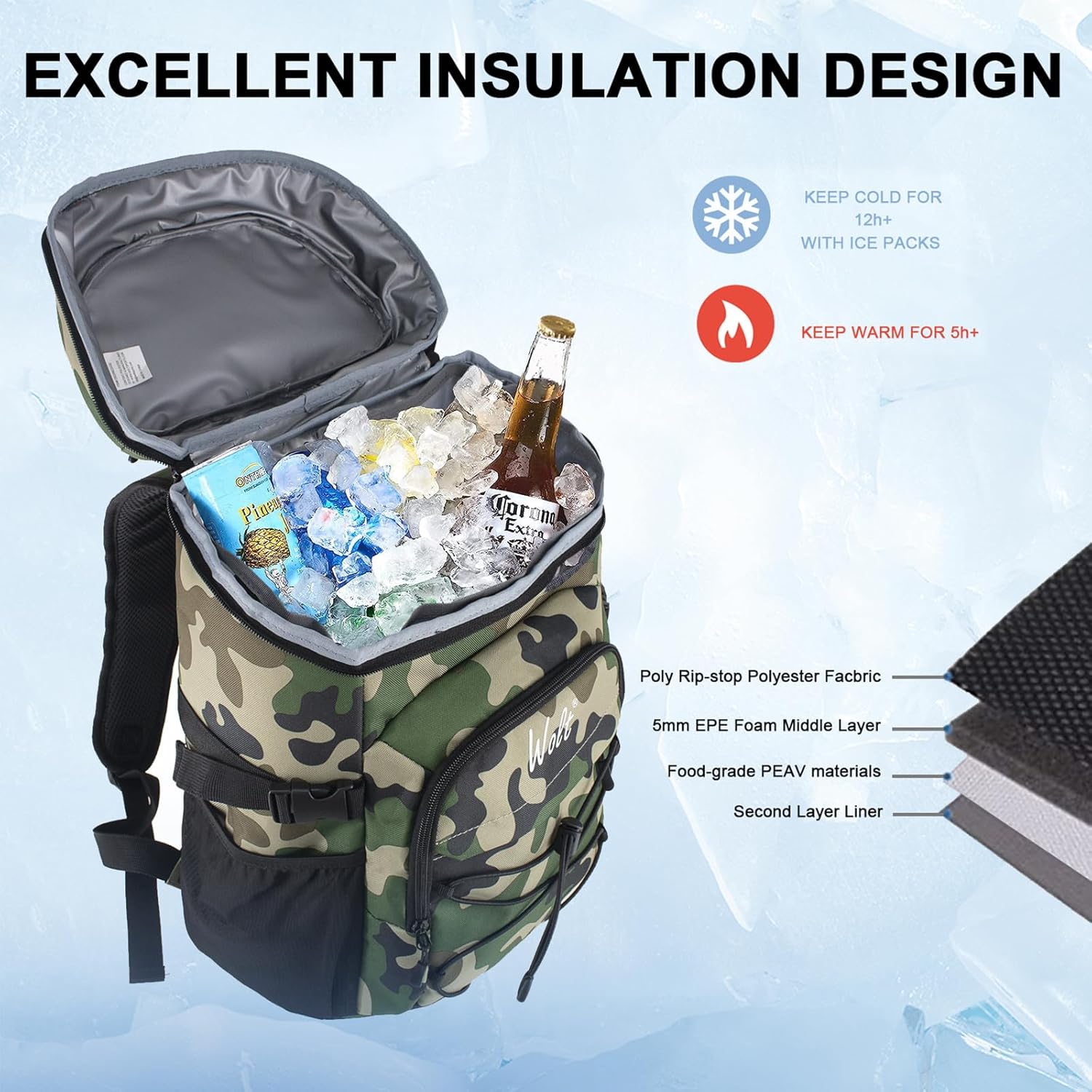 WOLT Mochila enfriadora, 24 latas aisladas, a prueba de fugas, ligera y suave, enfriador de camping, enfriador de playa de gran capacidad, mochila