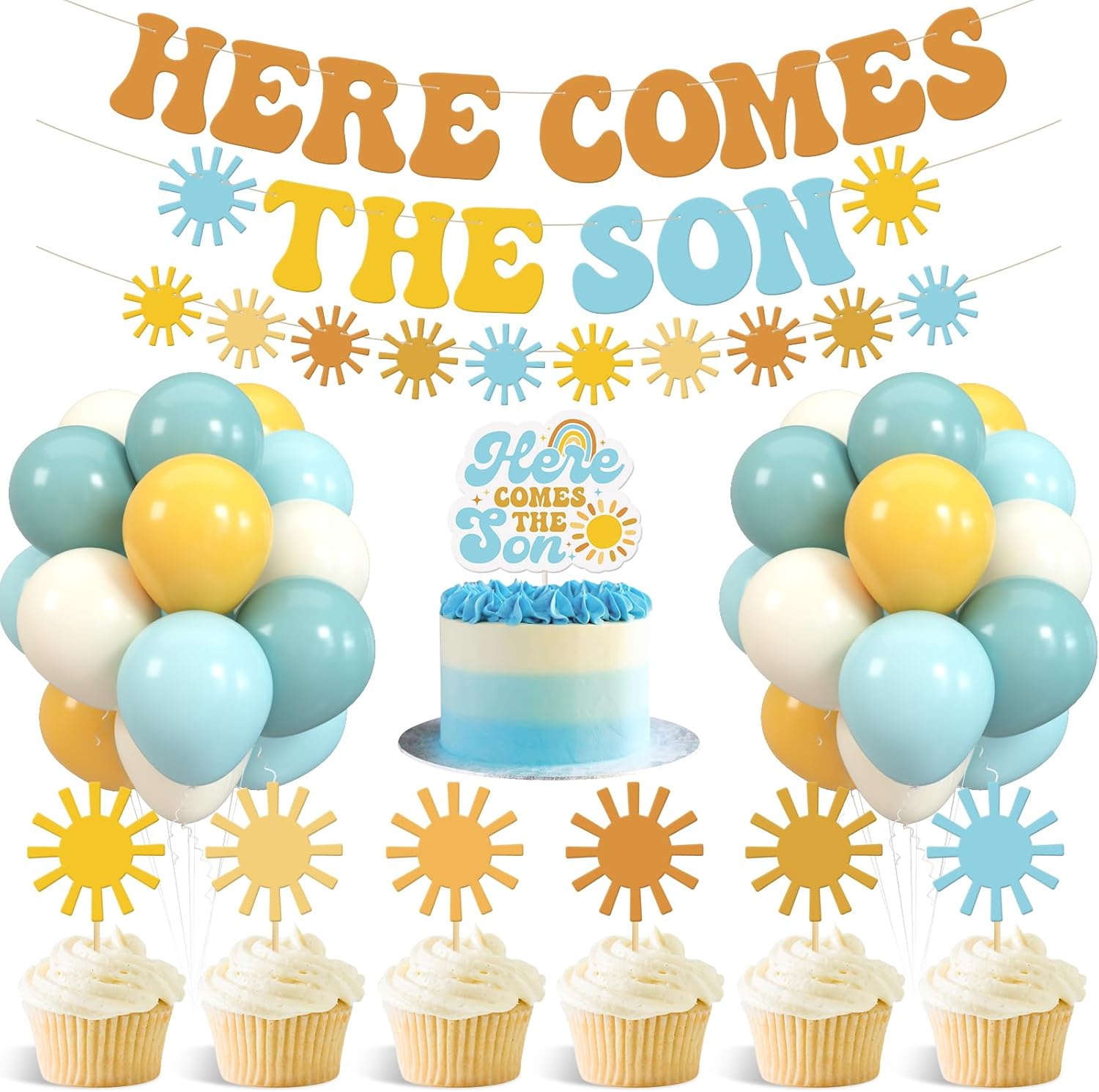Sinasasspel Decoraciones de baby shower con el texto en inglés Here Comes the Son (Here Comes the Son), decoración minimalista para cupcakes, globos