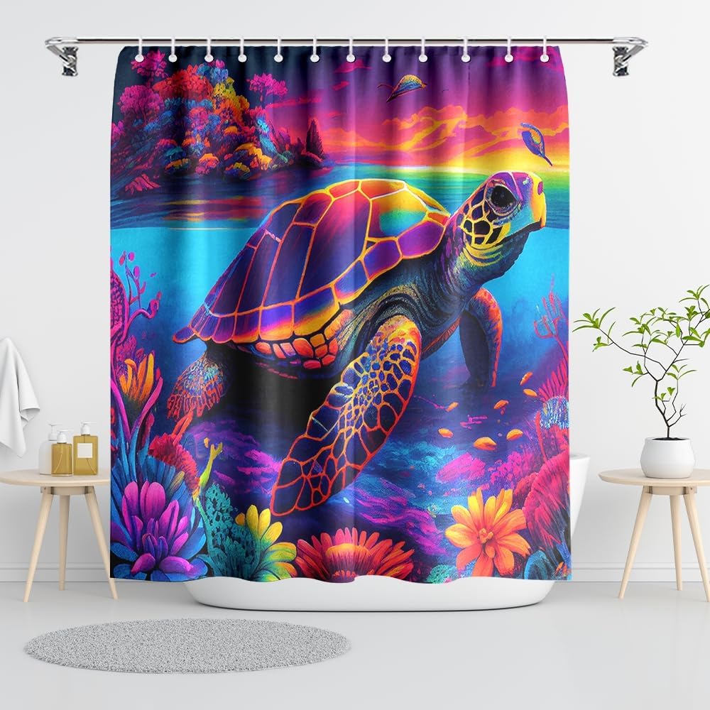 Juego de cortinas de ducha de tela con temática náutica de tortugas marinas y océano, decoración de baño con ojales y ganchos, 72 x 72 pulgadas