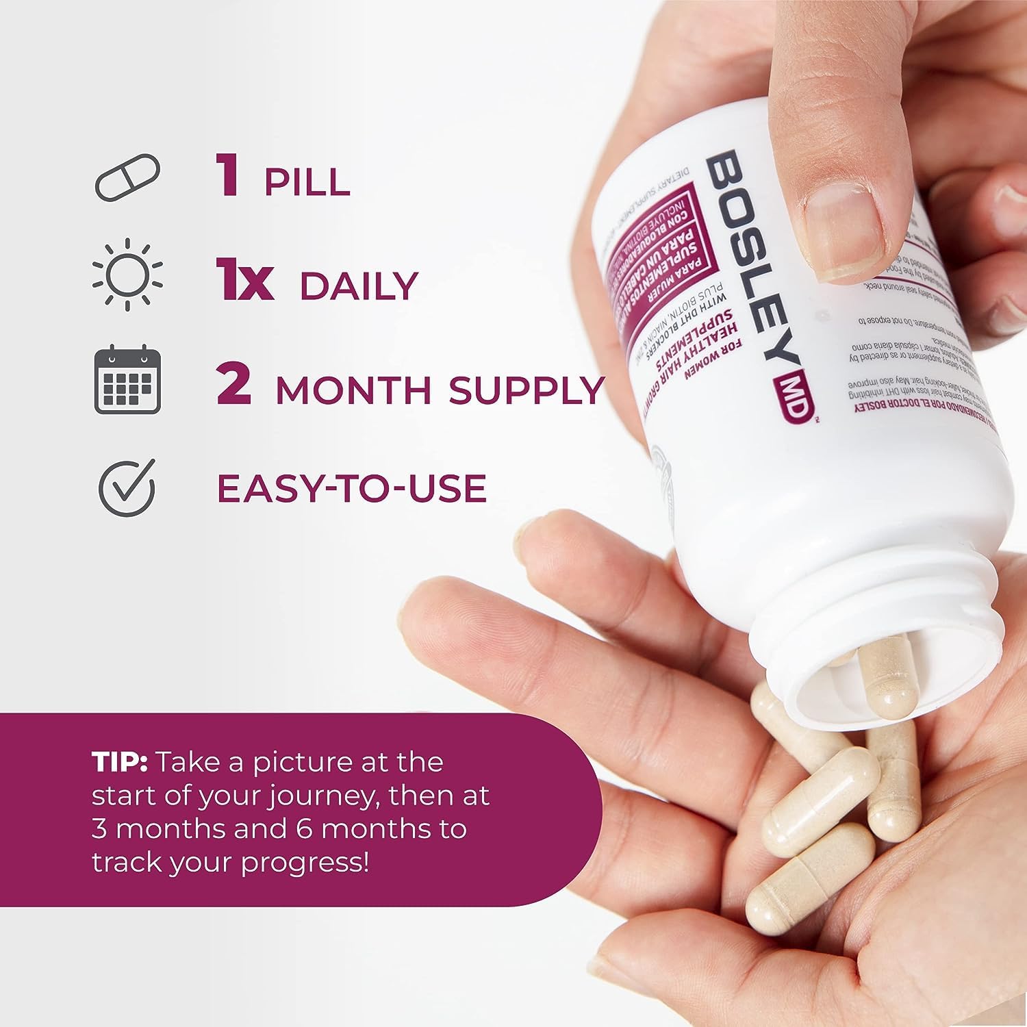 BosleyMD Suplementos saludables para el crecimiento del cabello con bloqueadores DHT para mujeres y hombres para un cabello más grueso, más lleno y