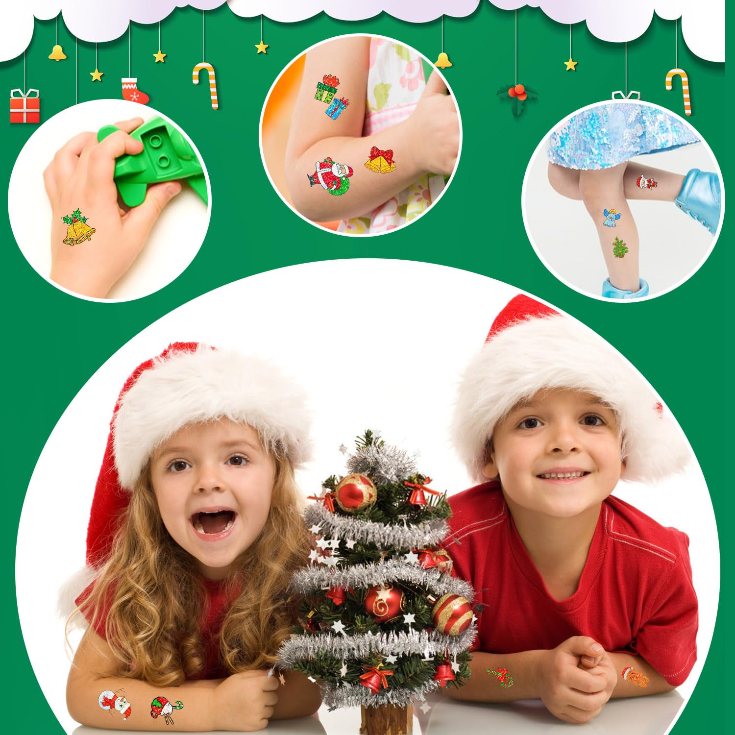 Partywind 28 hojas (245 estilos de brillantina), tatuajes de Navidad para niños, suministros de fiesta de cumpleaños de Navidad, decoraciones de
