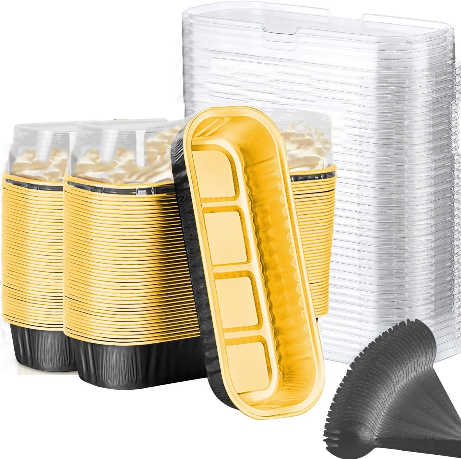 Findful Mini moldes para hornear pan con tapas y cucharas (paquete de 100 unidades, 6.8 onzas), moldes rectangulares de papel de aluminio para