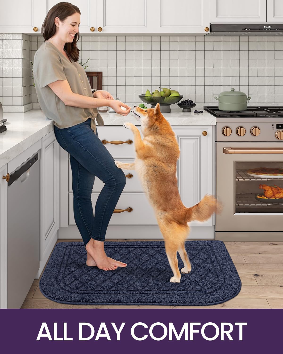 DEXI Tapete de cocina de medio círculo, lavable para fregadero, esquina de interior, 23.5 x 35.5 pulgadas, color azul