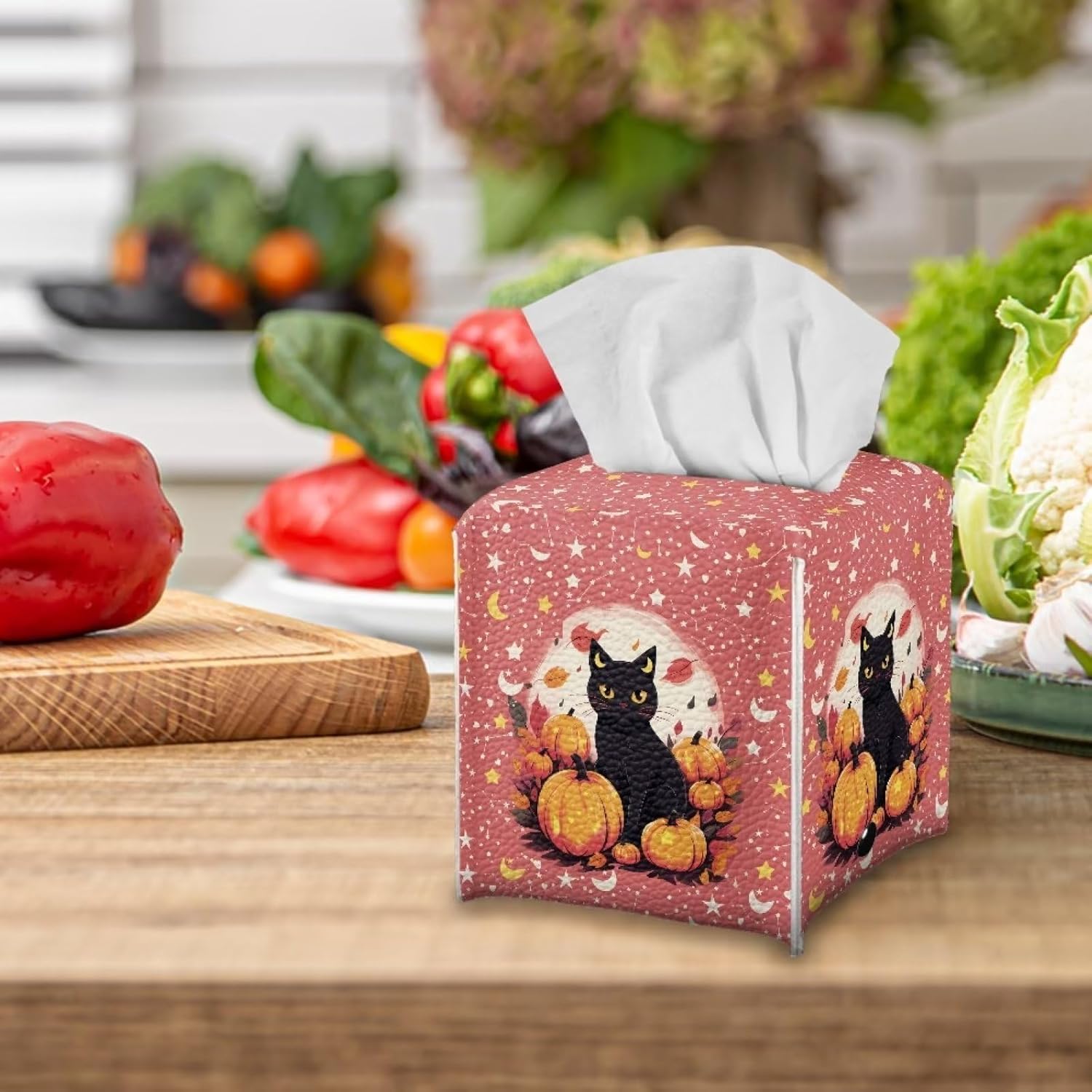Caja de pañuelos con estampado de calabaza y gato, caja de pañuelos cuadrada con cinturón inferior, diseño de luna y estrella, dispensador de papel