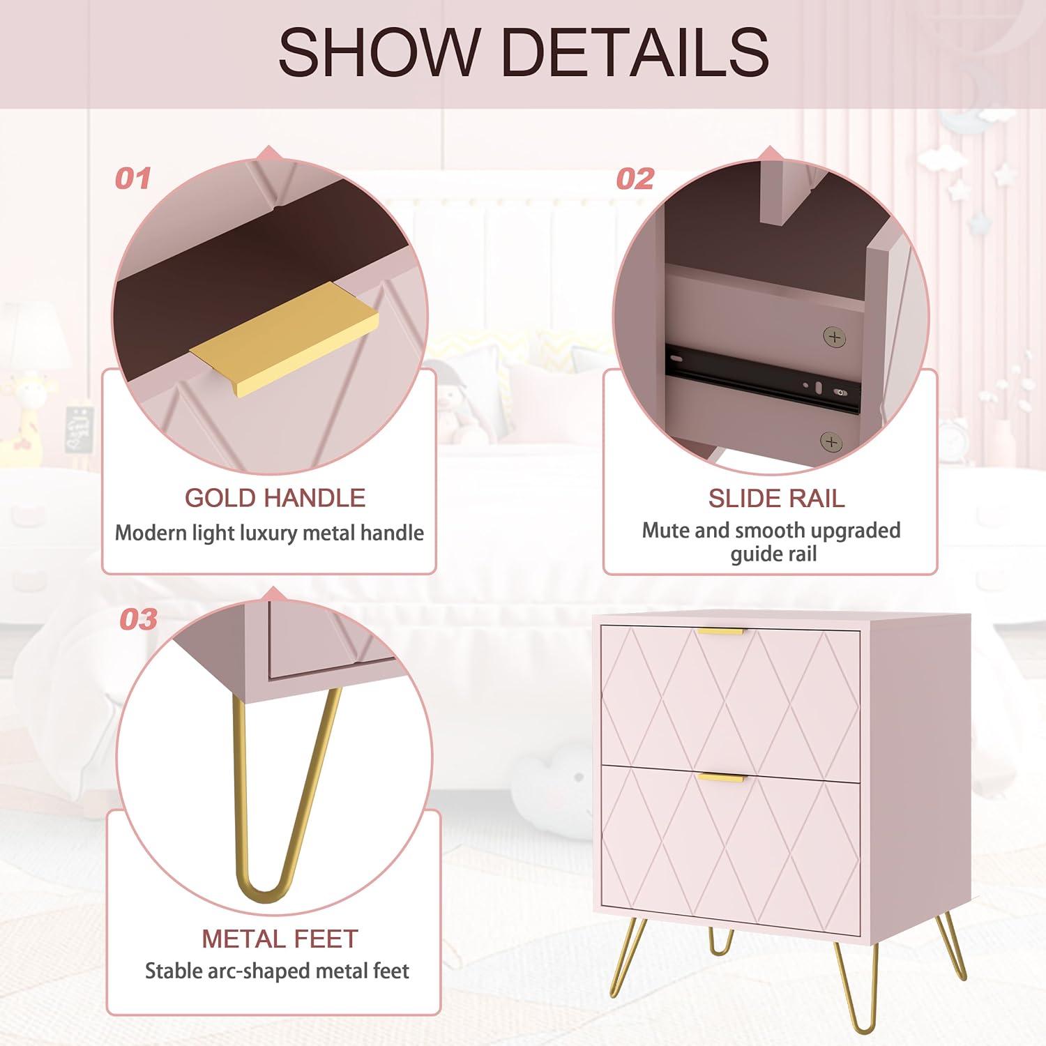 Anbuy – Juego de 2 mesitas de noche grandes, color rosa, mesa auxiliar doble, mesita de noche con 2 cajones, doble mesita de noche con patas doradas