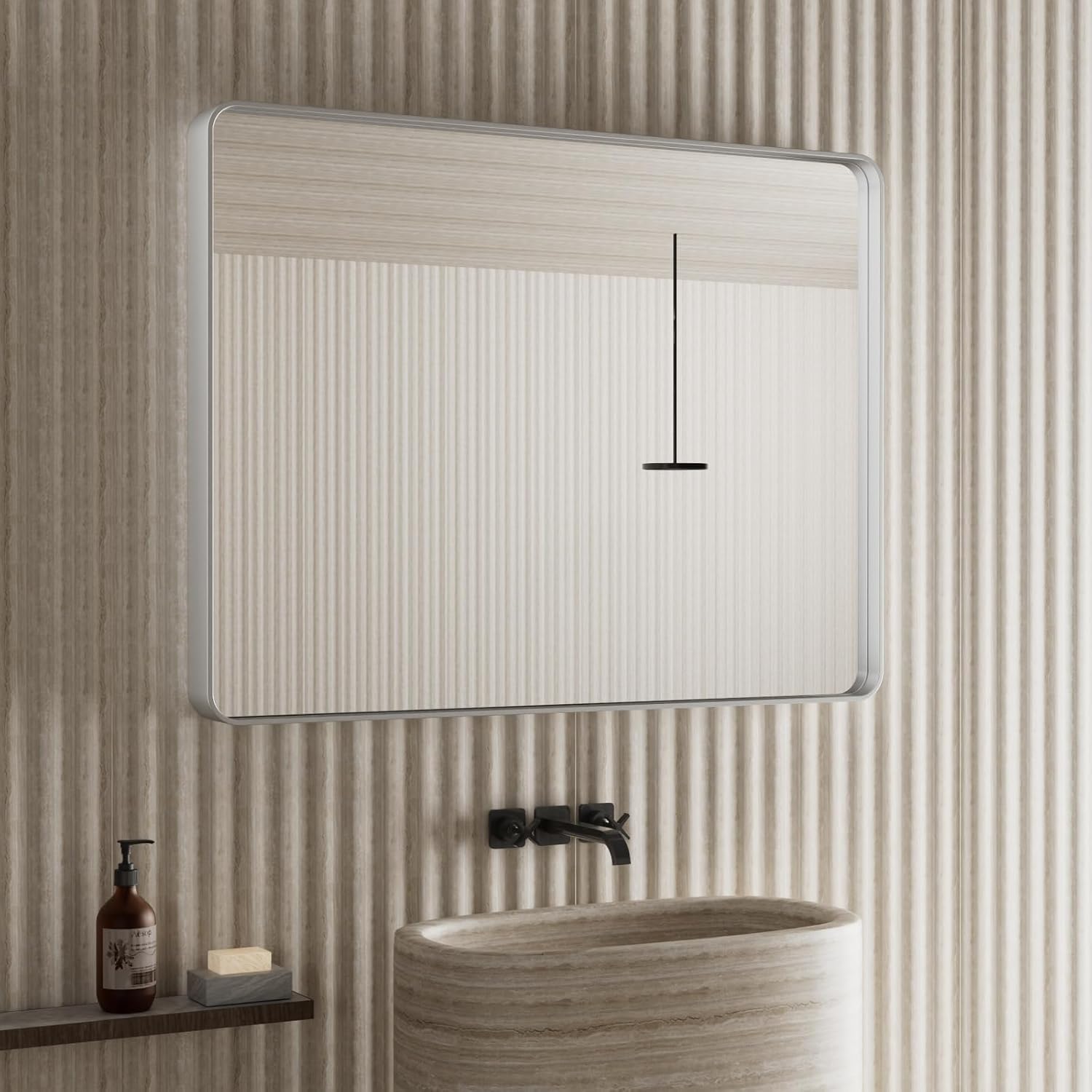 Espejo de baño de plata cepillada para pared, espejo rectangular de metal con marco de metal de 24 x 36 pulgadas, espejo de tocador moderno montado