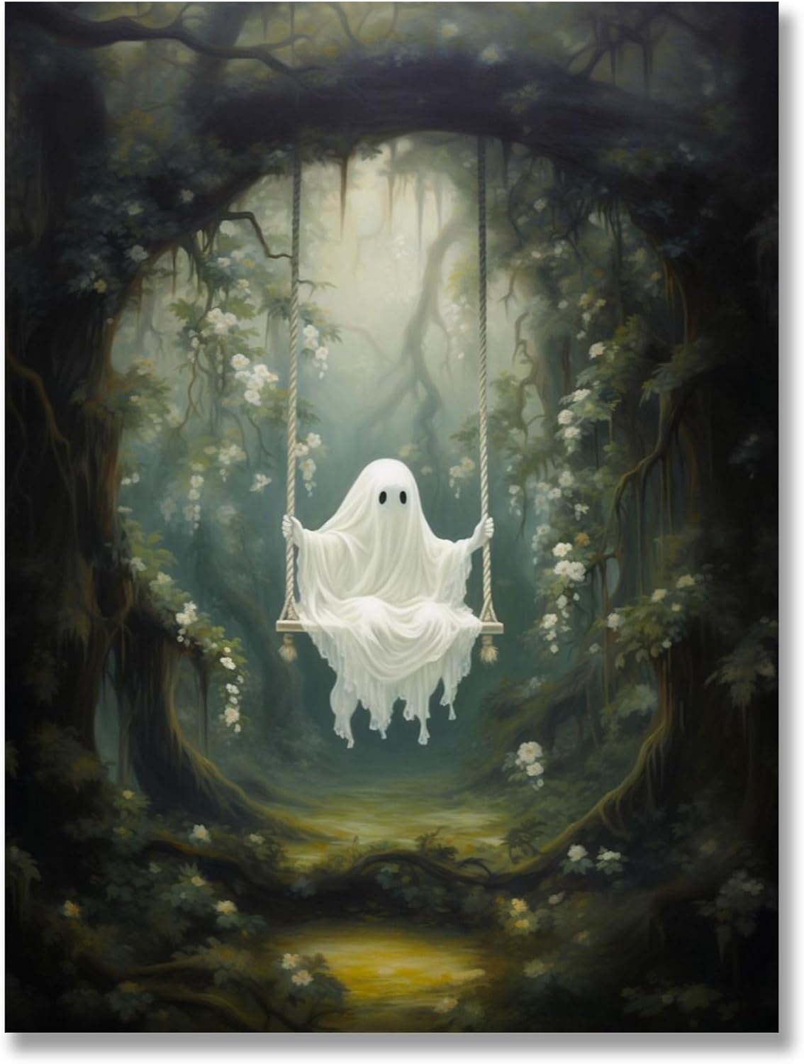 FULL HOUSE Póster vintage lindo de fantasma, lienzo de Halloween, divertido fantasma en un columpio en el bosque, decoración de pared para cocina,