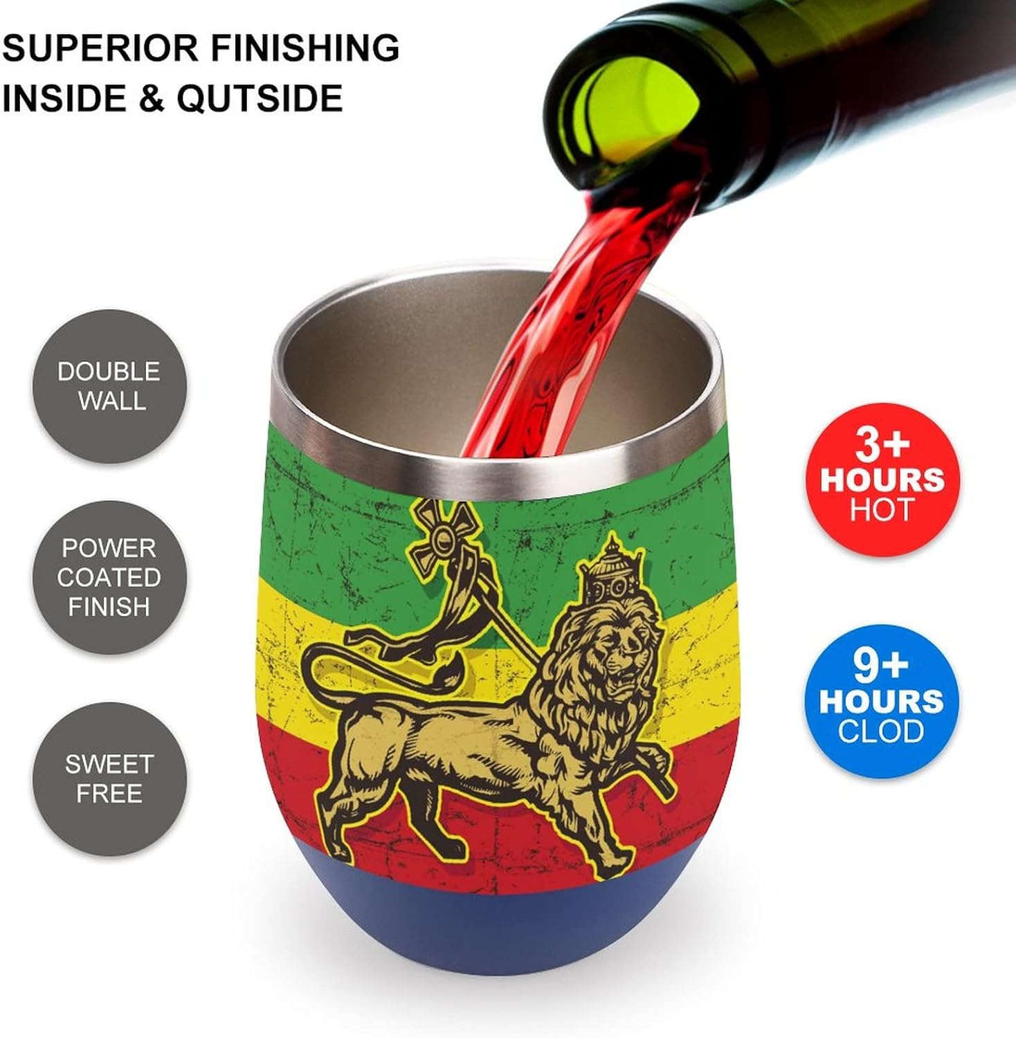 Vaso de vino aislado de 12 onzas con tapa con la bandera del león de Judá, reutilizable, doble pared al vacío, taza de café de acero inoxidable que