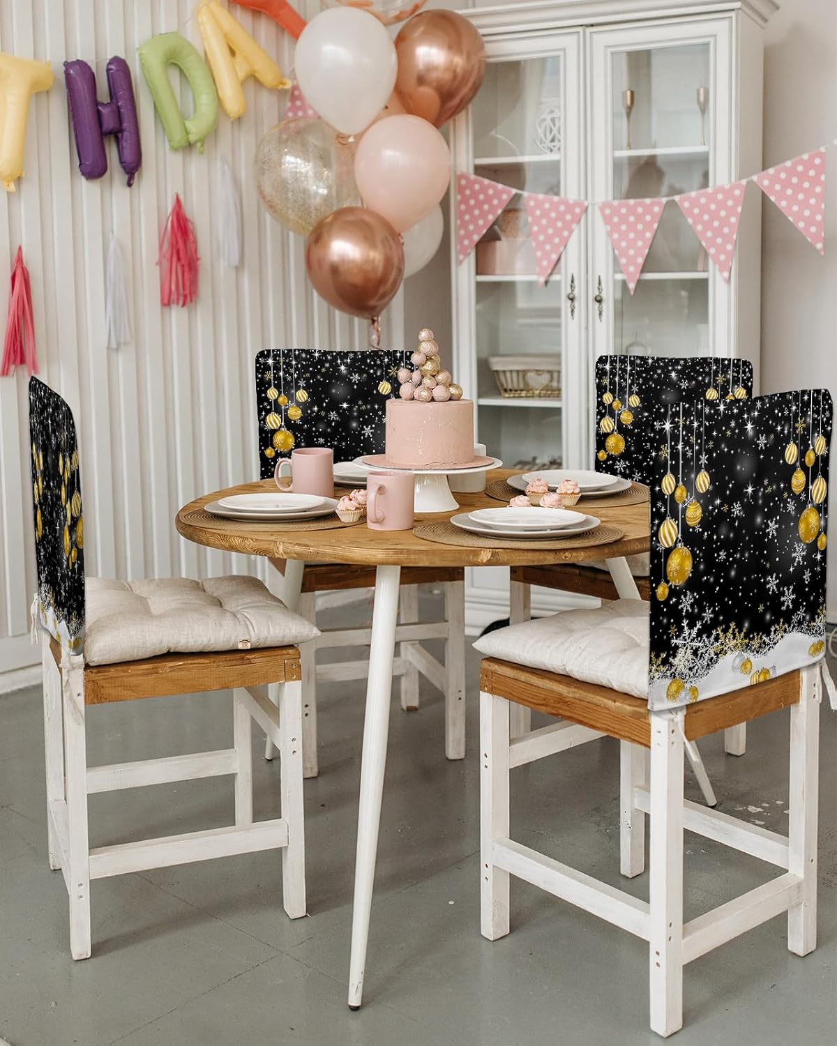 AMZRicher Paquete de 4 fundas de respaldo de bolas de Navidad para sillas de comedor, lavables, extraíbles y lavables, protector de silla para boda,