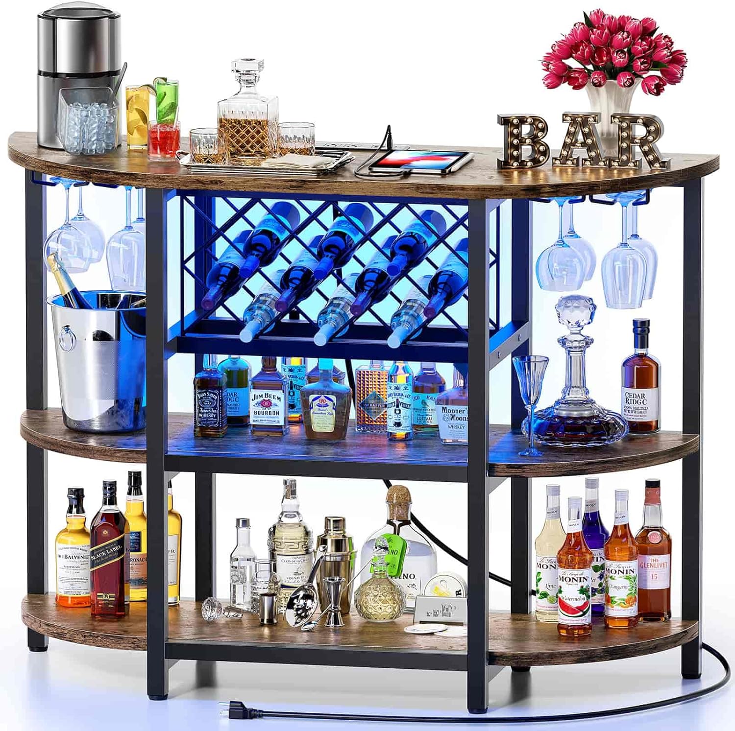 Zarler Armario de mesa de bar con toma de corriente, gabinete LED para el hogar, mini bar para licor, soporte de metal para bar de vino con