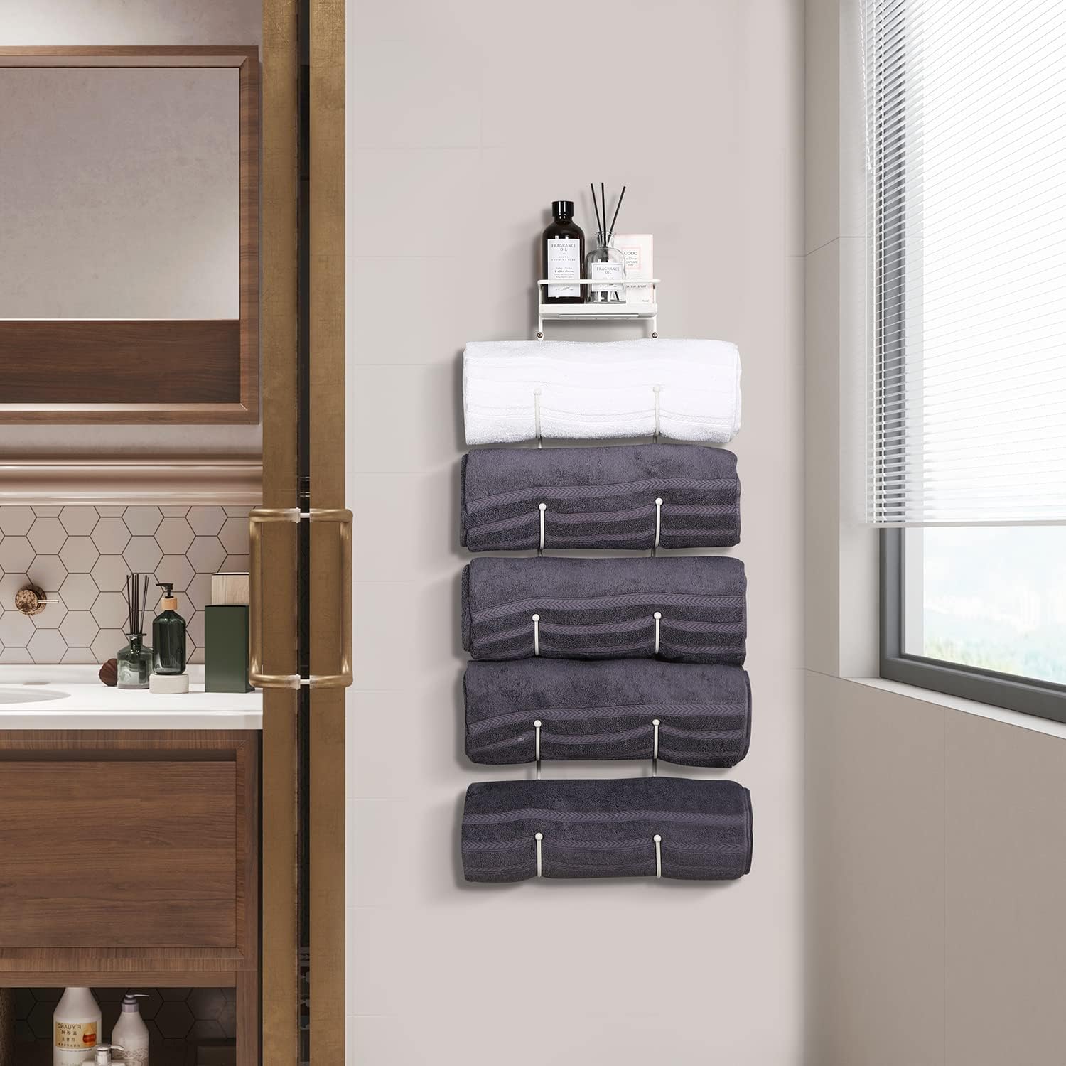 Toallero multifuncional de montaje en pared, toallero para vino con estante superior, organizador de almacenamiento de metal, soporte para baño,