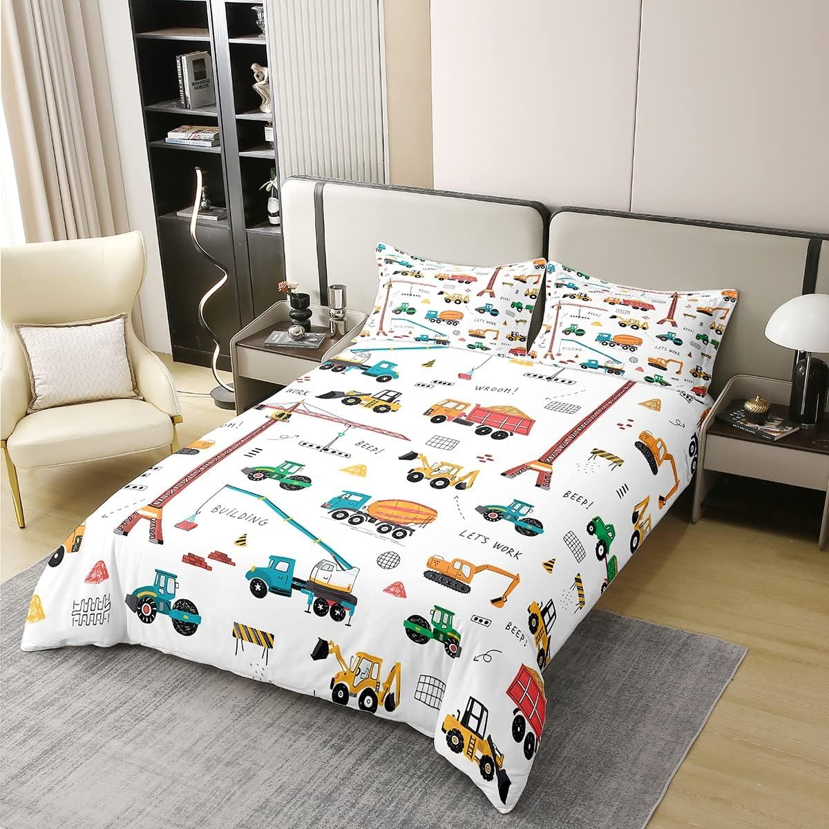 Juego de funda de edredón 100% algodón para excavadora tamaño queen, tractor, maquinaria, camiones, ropa de cama para niños y niños, funda de