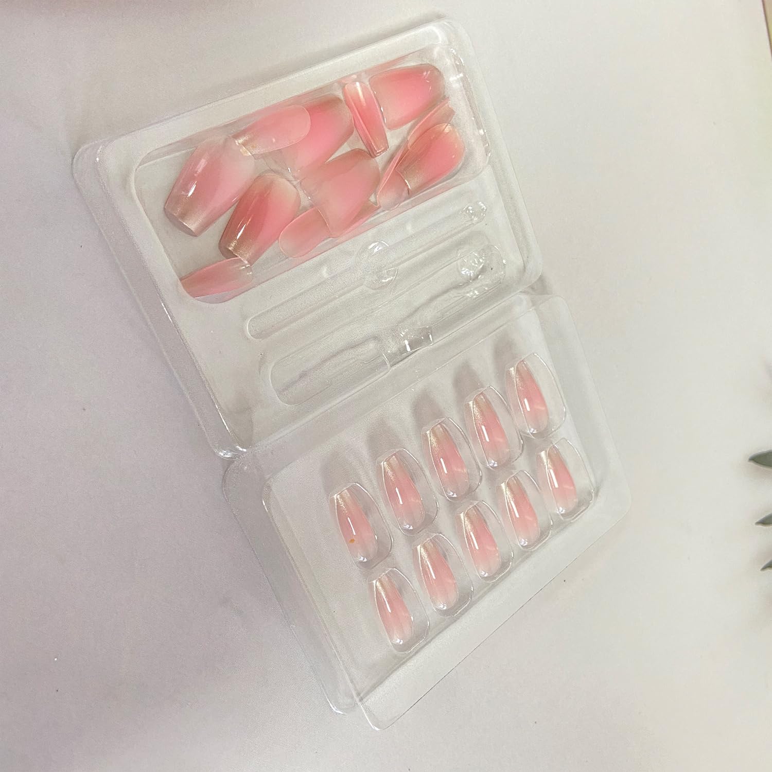 30 unidades de uñas postizas a presión color rosa aurora, uñas postizas medianas con diseño de ataúd, uñas postizas con pegamento en las uñas, uñas