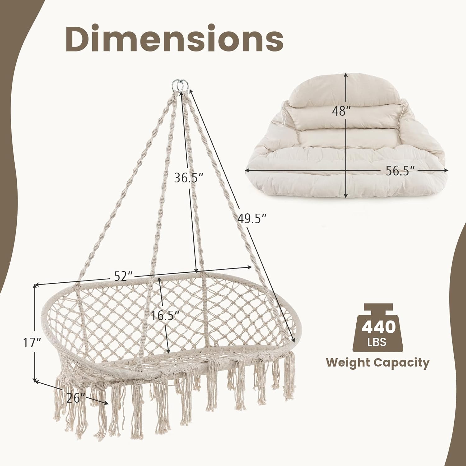 Giantex Hammock Chair, Macrame Hanging Chair with Removable Cushion, Romantic Tassels, Outdoor Indoor Rope Chair for Relax in Bedroom, Porch,