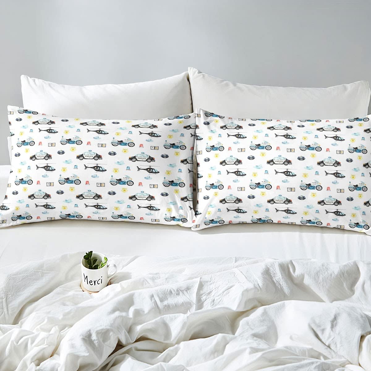 Erosebridal Juego de sábanas bajeras de coche de policía y 2 fundas de almohada, tamaño Queen, juego de ropa de cama de policía para niños,