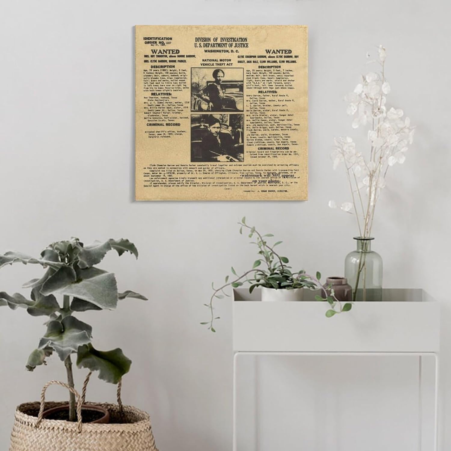 Bonnie and Clyde – Póster de búsqueda del FBI con fotos de arresto, disparo en la cabeza de bandidos de la prohibición de 1934, arte de pared,