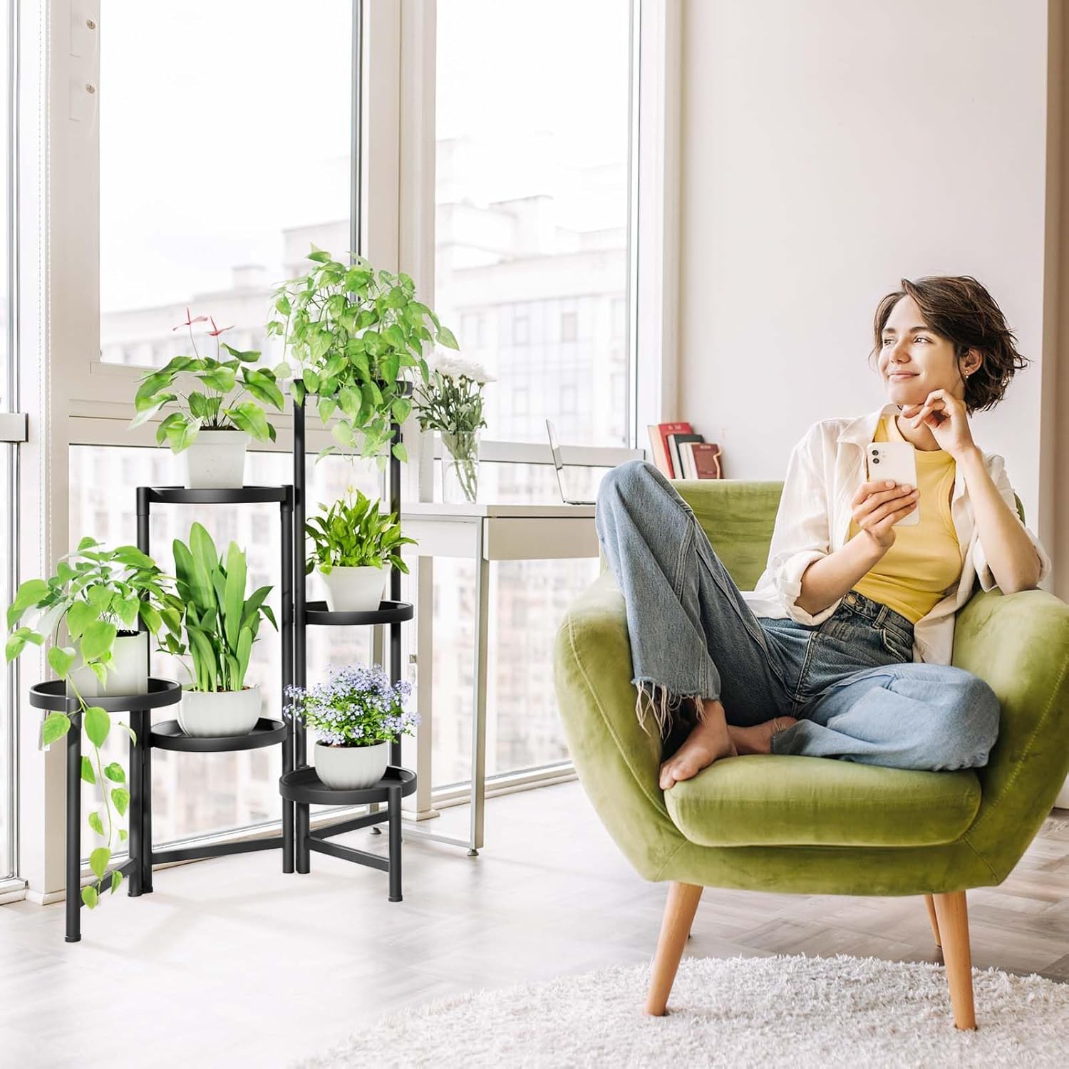 iDavosic.ly Soporte para plantas de 6 niveles para interiores, soporte de esquina de metal escalonado para plantas al aire libre para múltiples