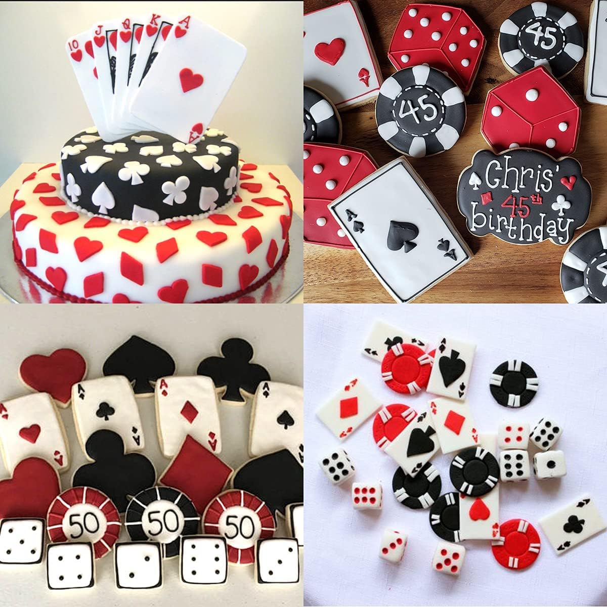 Juego de 7 moldes de silicona de póquer para fondant para Las Vegas, noche de casino, decoraciones de fiesta de cumpleaños de casino con corazón de