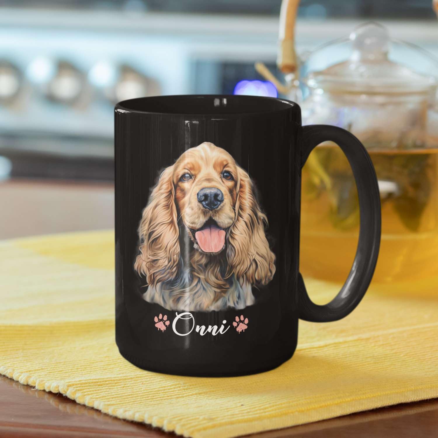 Taza personalizada para propietarios de Cocker Spaniel, taza de café negra personalizada con nombre, bonita taza de cerámica con retrato de cocker