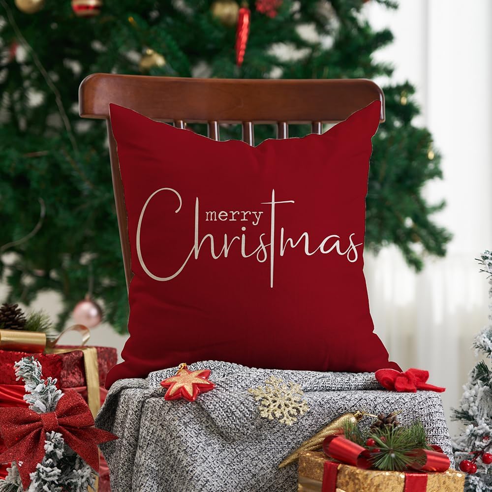 Fundas de almohada navideñas con texto en inglés Merry Christmas, decorativas, de tela de algodón, color rojo, de lino, funda de almohada para sofá,
