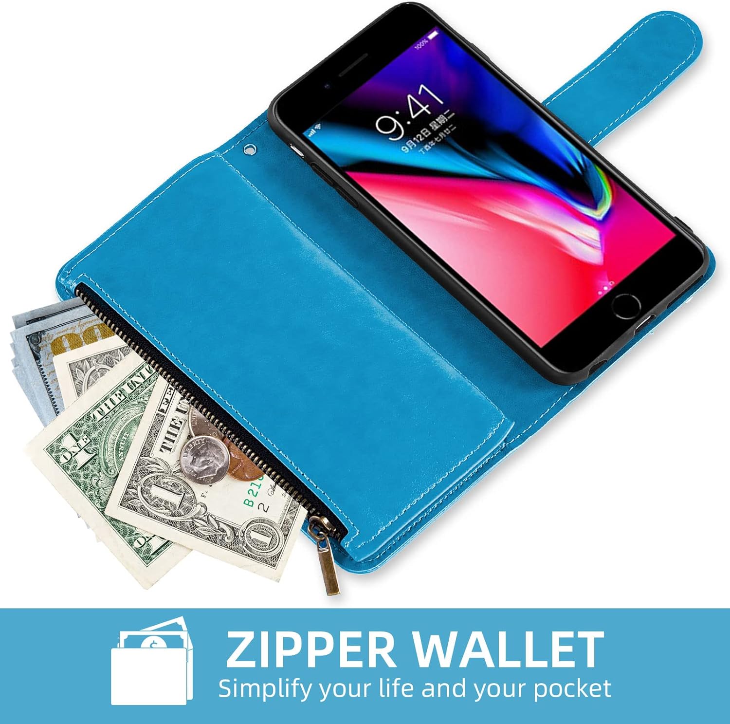 Asuwish Compatible con iPhone 7plus 8plus 78 Plus Funda tipo cartera y protector de pantalla de vidrio templado, funda de cuero con tapa para
