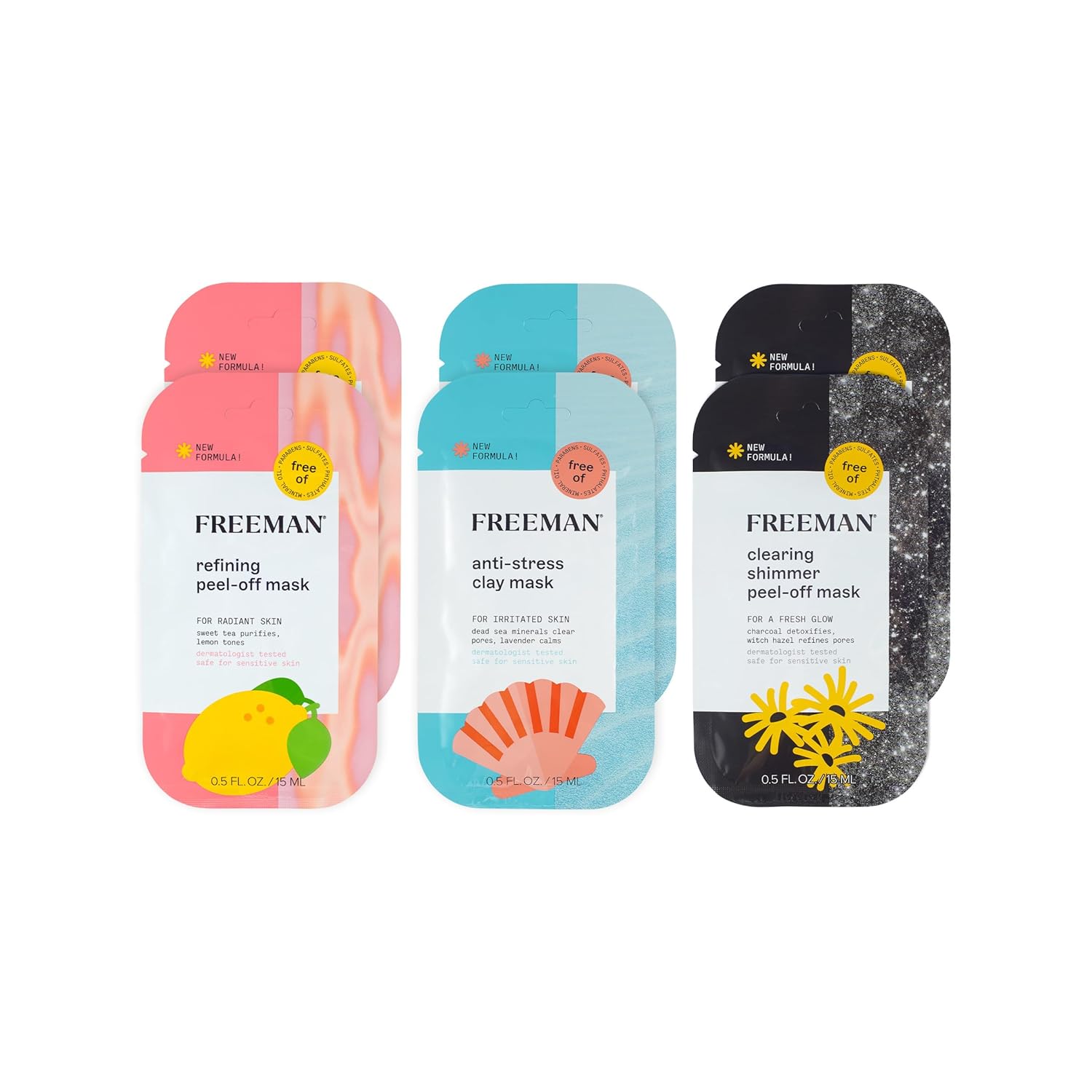 Freeman Paquete variado de mascarillas faciales, juego de mascarillas faciales despegables y arcilla, limpieza de poros, iluminadora y calmante para
