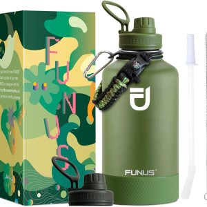 FUNUS Botella de agua aislada de 64 onzas (2 tapas) de acero inoxidable al vacío con asa, tapa superior abatible y cuerda de paracaídas, sin BPA, FUNUS Botella de agua aislada de 64 onzas (2 tapas) de acero inoxidable al vacío con asa, tapa superior abatible y cuerda de paracaídas, sin BPA,