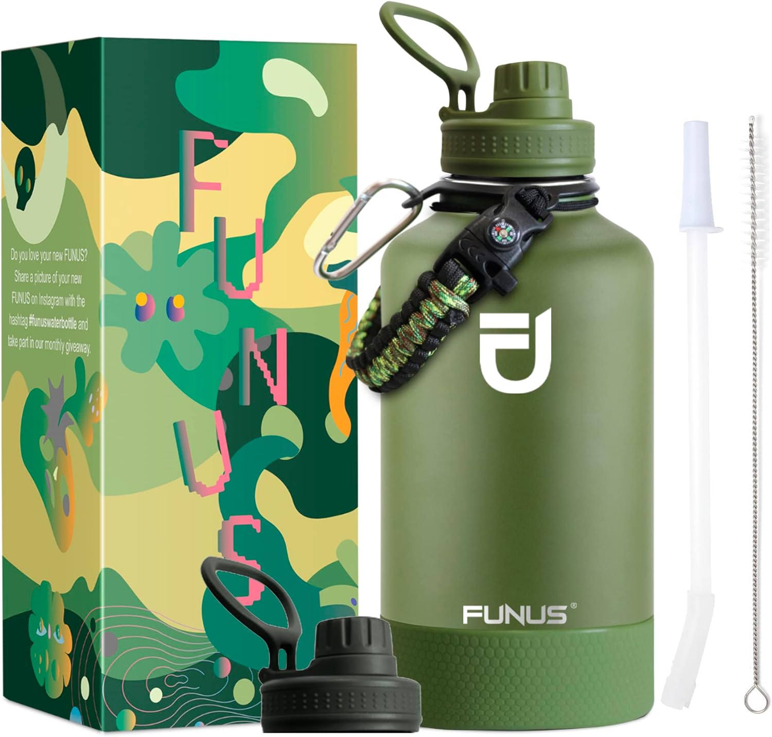FUNUS Botella de agua aislada de 64 onzas (2 tapas) de acero inoxidable al vacío con asa, tapa superior abatible y cuerda de paracaídas, sin BPA,