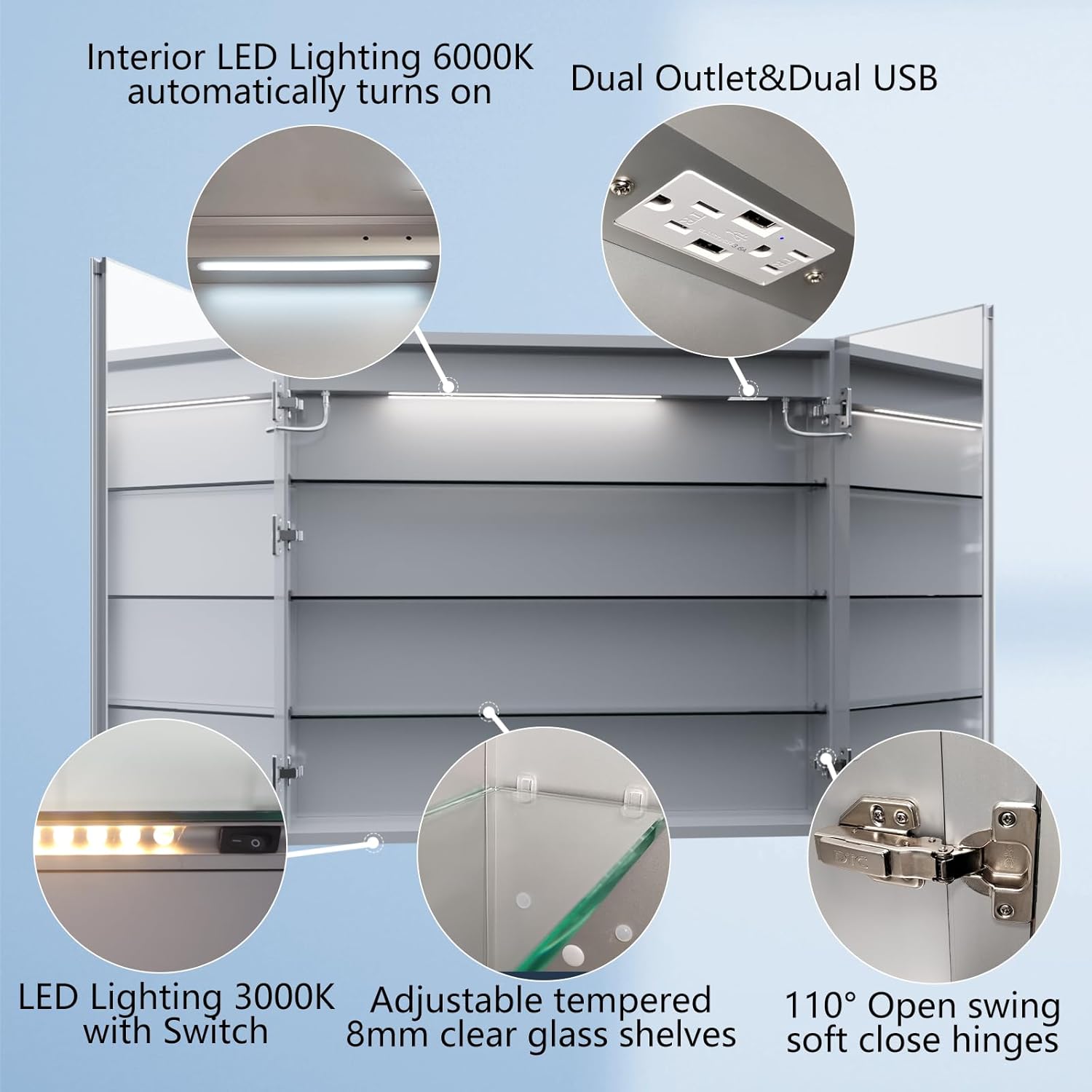 ExBrite Botiquín de baño con iluminación LED con espejo, 36 x 32 pulgadas, botiquín empotrado o de superficie, reloj, pantalla de temperatura