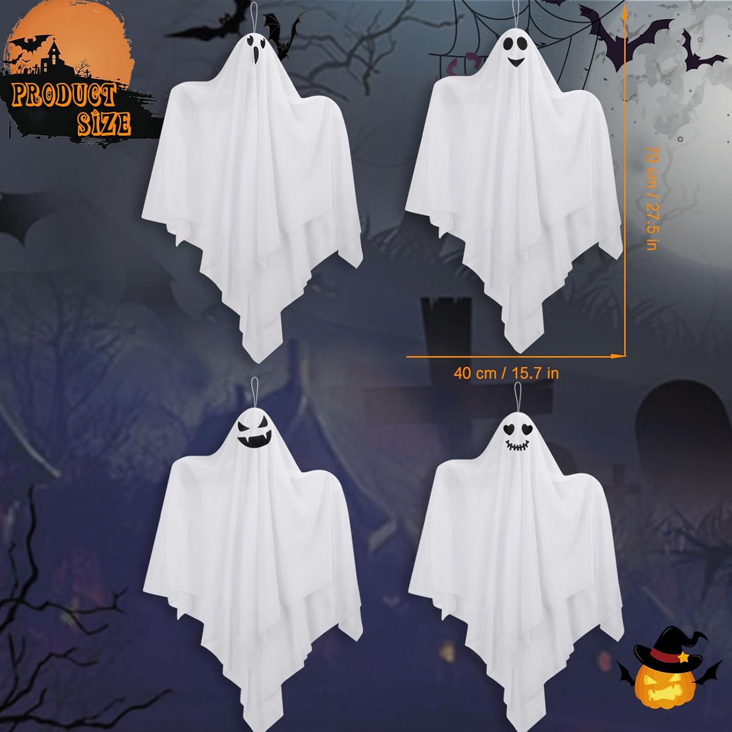 Fantasma colgante de Halloween para decoración al aire libre, paquete de 4 lindos fantasmas voladores de 27.5 pulgadas, decoración de Halloween al