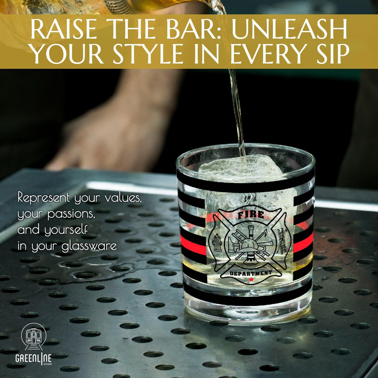 Greenline Goods Thin Red Line – Vasos de whisky de bombero, estilo antiguo, juego de 2, 10 onzas, vasos clásicos de vidrio con gráficos de bandera