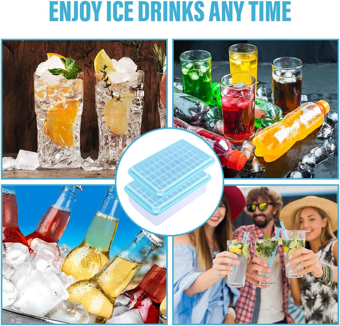 Bandeja para cubitos de hielo (azul) con tapa y contenedor para congelador, fácil liberación, paquete de 2 de 55 moldes para bandejas de hielo con