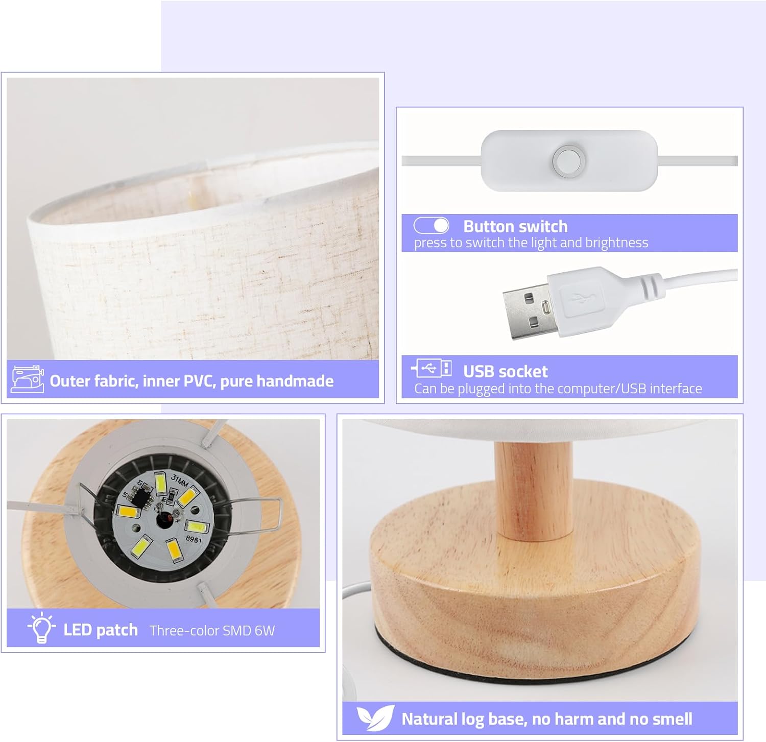 Lámpara de mesa de flores con base de madera, lámpara de mesa con pantalla de lino, lámparas pequeñas para mesita de noche, dormitorio, sala de