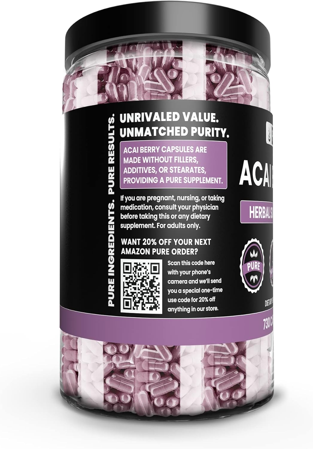 Pure Original Ingredients Acai Berry (730 cápsulas) sin magnesio o rellenos de arroz, siempre puro, verificado por laboratorio