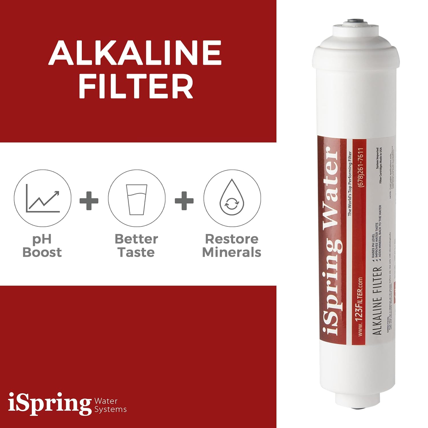 iSpring FA15US Premium Cartucho de filtro de agua alcalino universal en línea de 10 pulgadas con calcita para ósmosis inversa RO System, pH+,