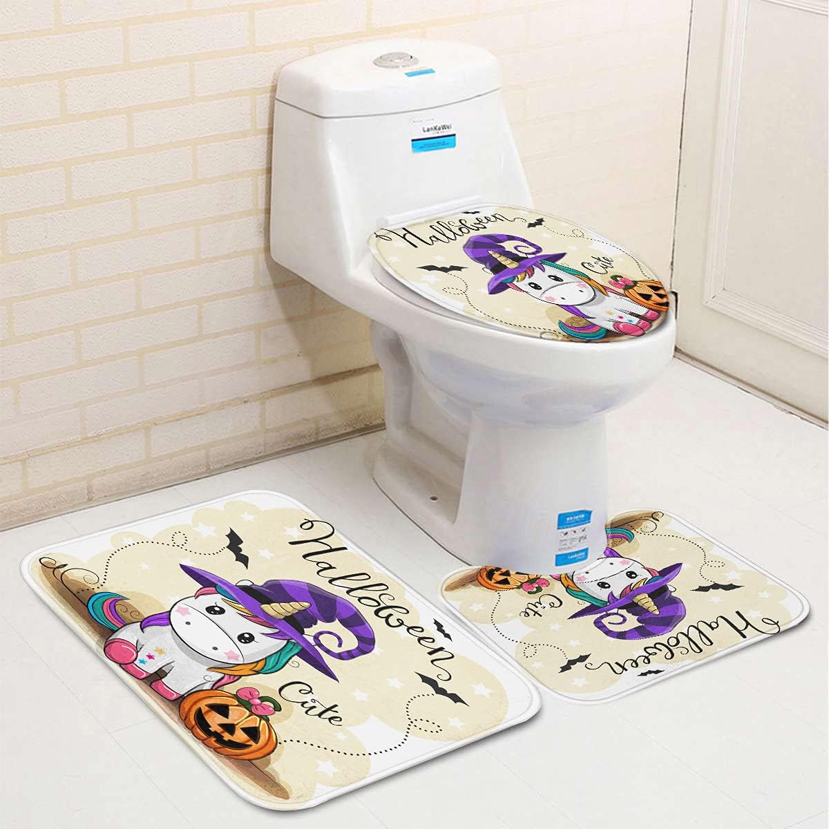 Britimes Juego de 4 cortinas de ducha de unicornio con alfombras, juego de baño con alfombra antideslizante, tapa de inodoro y 12 ganchos, 72 x 72
