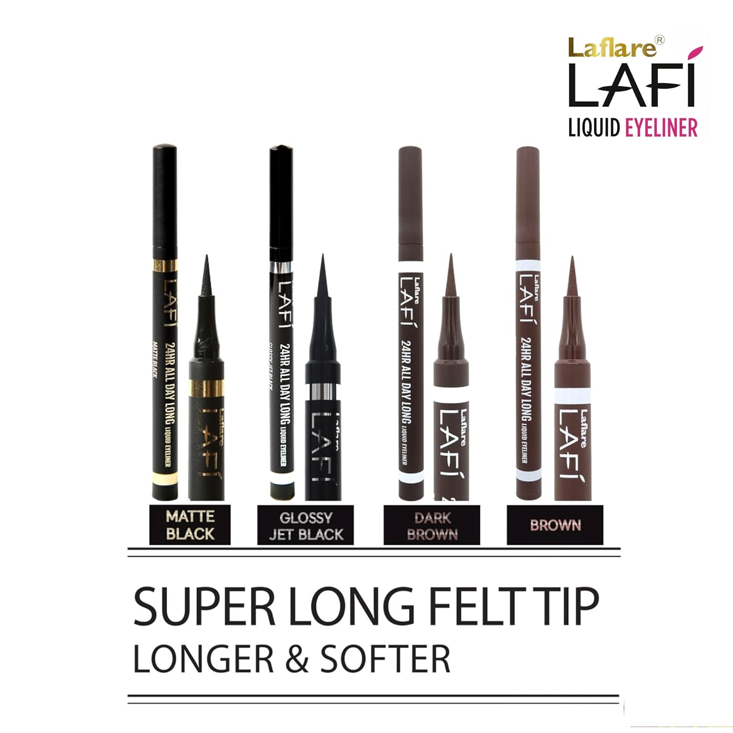 Laflare LAFI Delineador de ojos líquido, punta de fieltro súper larga, maquillaje de larga duración, impermeable y a prueba de manchas, delineador