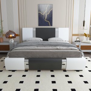 Kallabe Base de cama tapizada de piel sintética King moderna con cabecera ajustable, plataforma de perfil bajo con decoración de piezas de hierro, Kallabe Base de cama tapizada de piel sintética King moderna con cabecera ajustable, plataforma de perfil bajo con decoración de piezas de hierro,