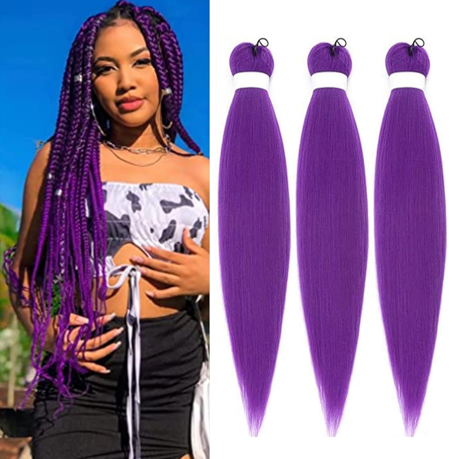 Alinyasha Cabello trenzado ignífugo preestirado morado, 3 paqueteslote, trenzas sin picazón, ajuste de agua caliente, fibra sintética, textura Yaki,