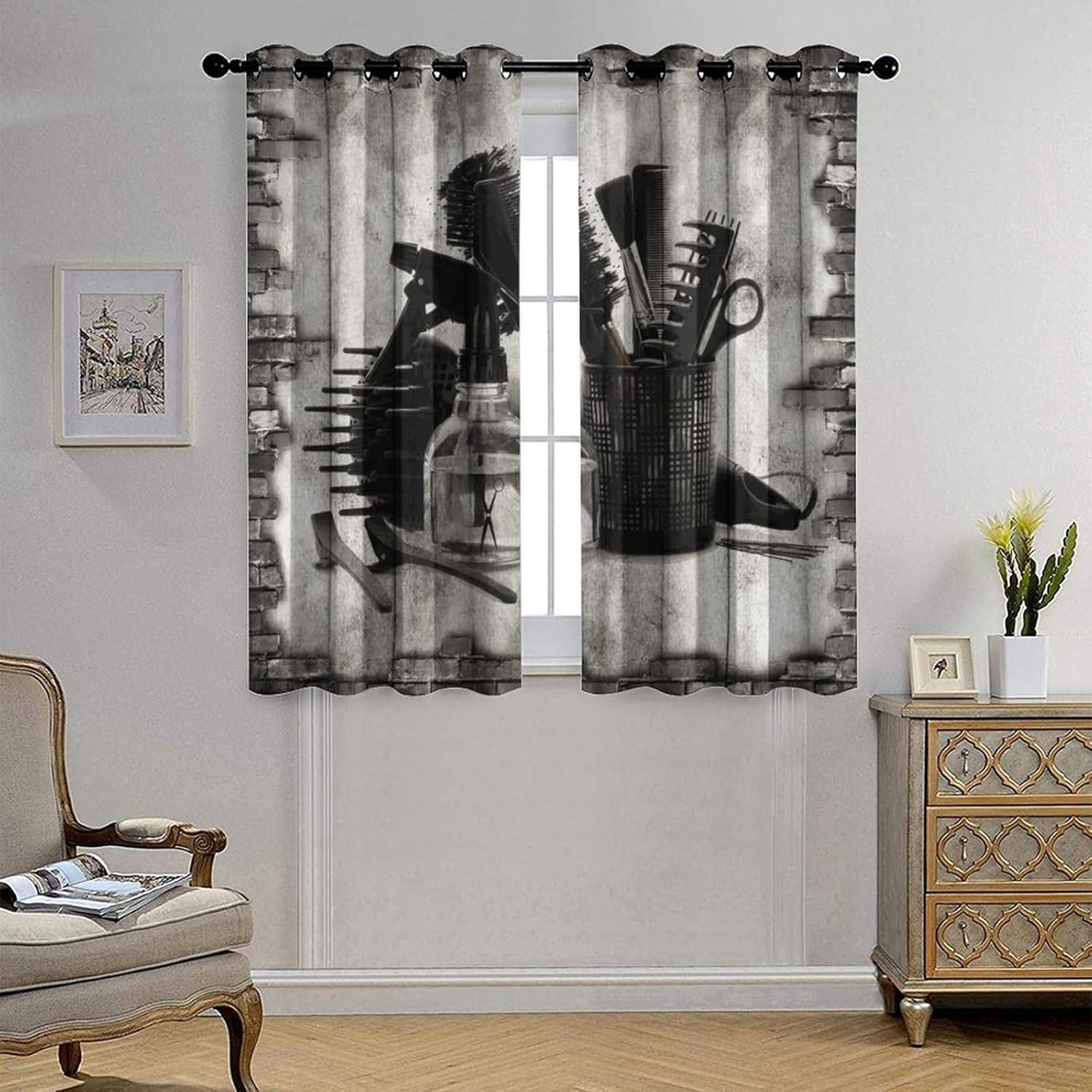 Cortinas con patrón de salón de belleza para dormitorio, decoración retro de peluquería, con aislamiento térmico, oscurecimiento de la habitación,