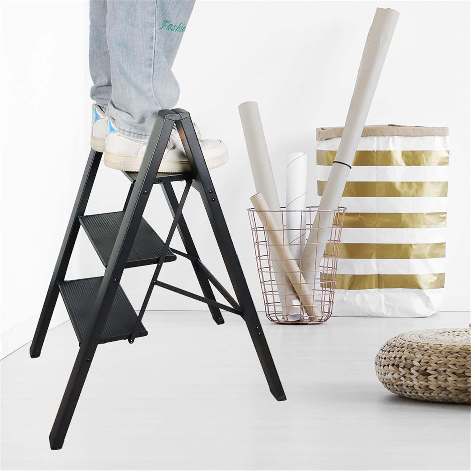 Taburete plegable de escalera de 3 escalones, escalera plegable antideslizante con pedal expandido, para uso en casa y oficina, taburete de cocina