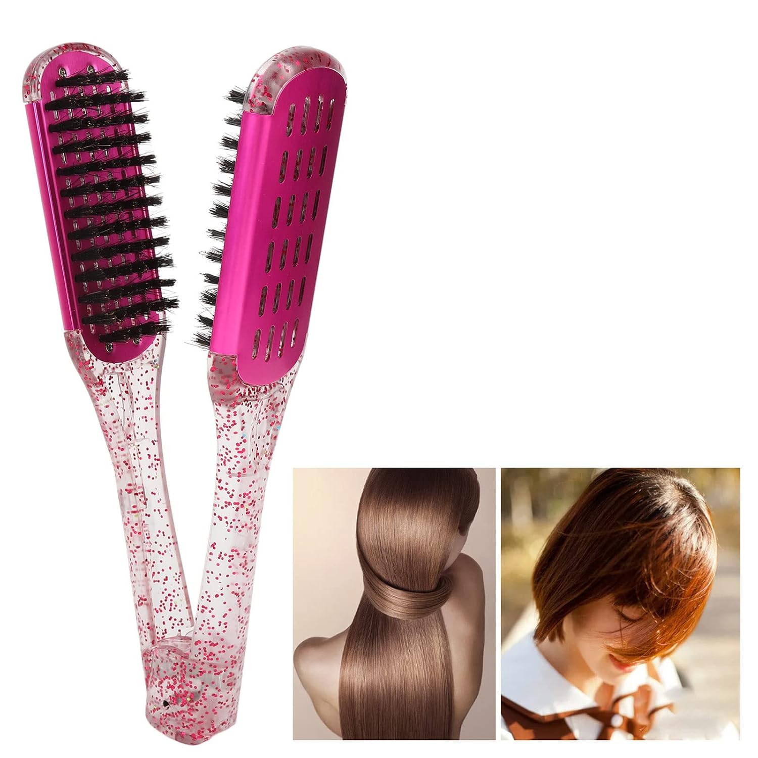 Férula para alisar el cabello, peine de pelo suave de doble cara enderezadora de pelo abrazadera cepillo herramienta de peinado rojo rosa