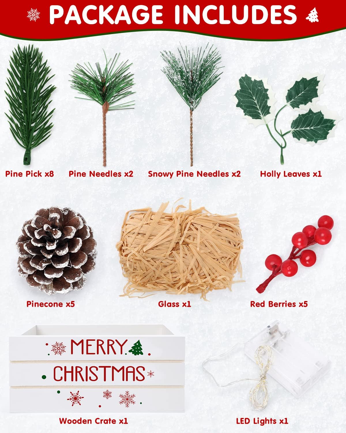 Huray Rayho Centro de mesa de Navidad, 26 piezas, decoración de bandeja escalonada, flor de pino artificial con piñas, bayas rojas, mini cesta de