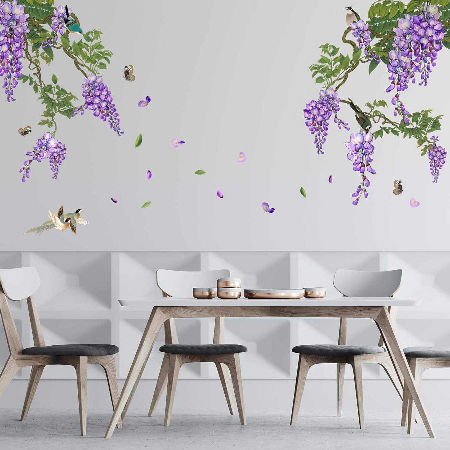 PinkEleph Calcomanías de pared colgantes de flores moradas  Plantas naturales, hojas florales  Sala de estar, dormitorio, sofá, fondo de TV,