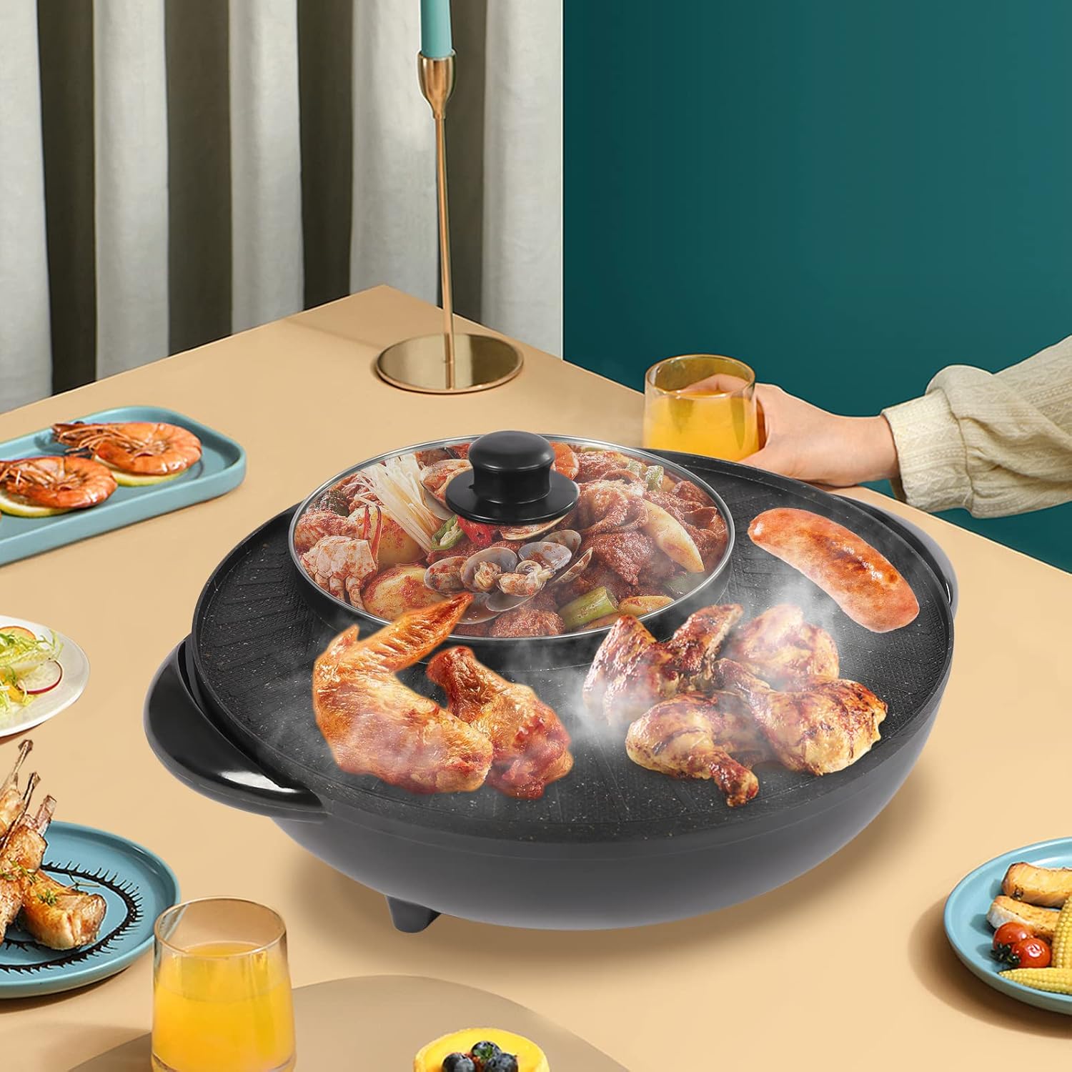 Olla caliente con parrilla 2 en 1, parrilla portátil multifuncional sin humo, combo de parrilla eléctrica para interiores, capacidad para 3-5