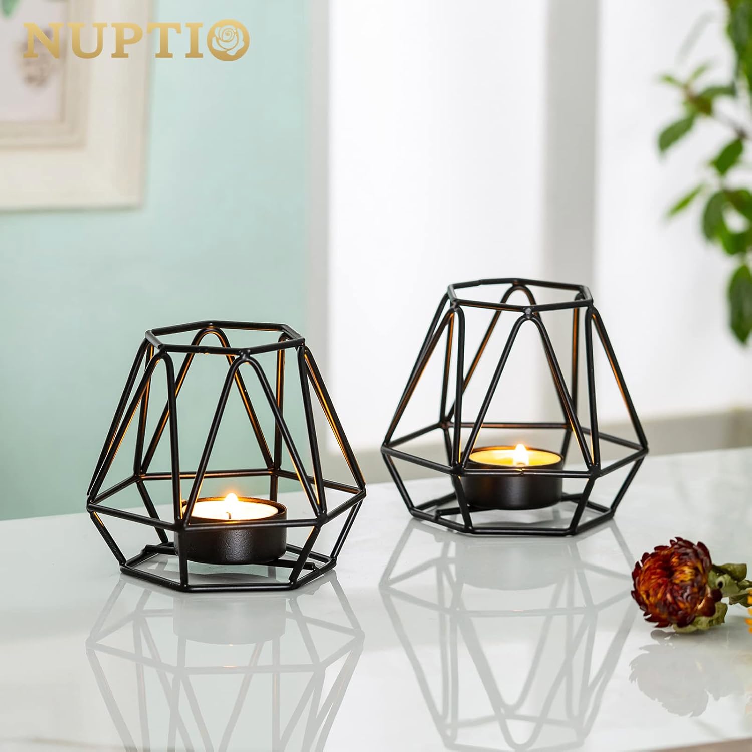2 portavelas para velas de té, soporte para velas de té negro, portavelas votivas geométricas hexagonales de metal para boda, hogar, sala de estar,