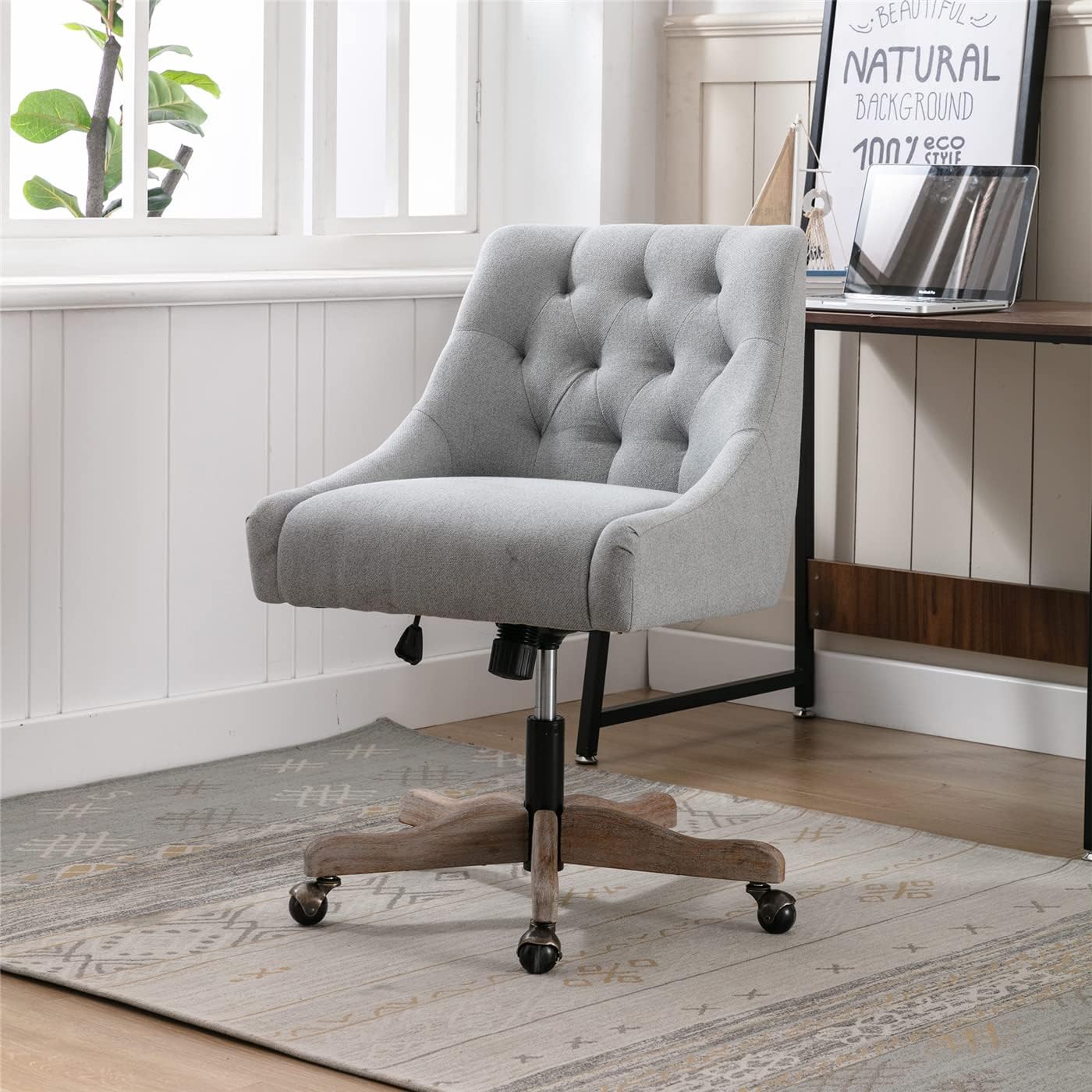TURRIDU Silla de oficina giratoria, moderna silla giratoria tapizada de lino copetudo con base de madera y ruedas, silla de trabajo ajustable en