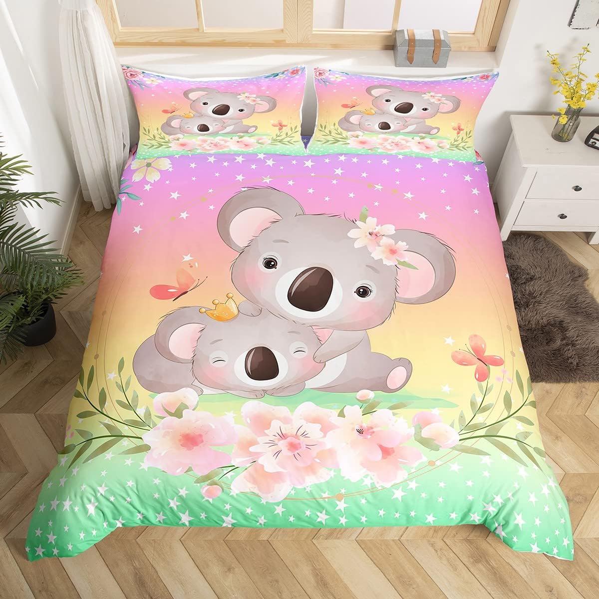Feelyou Lindo juego de funda de edredón de koala de dibujos animados, juego de ropa de cama para niños y niñas, funda de edredón floral de flores,