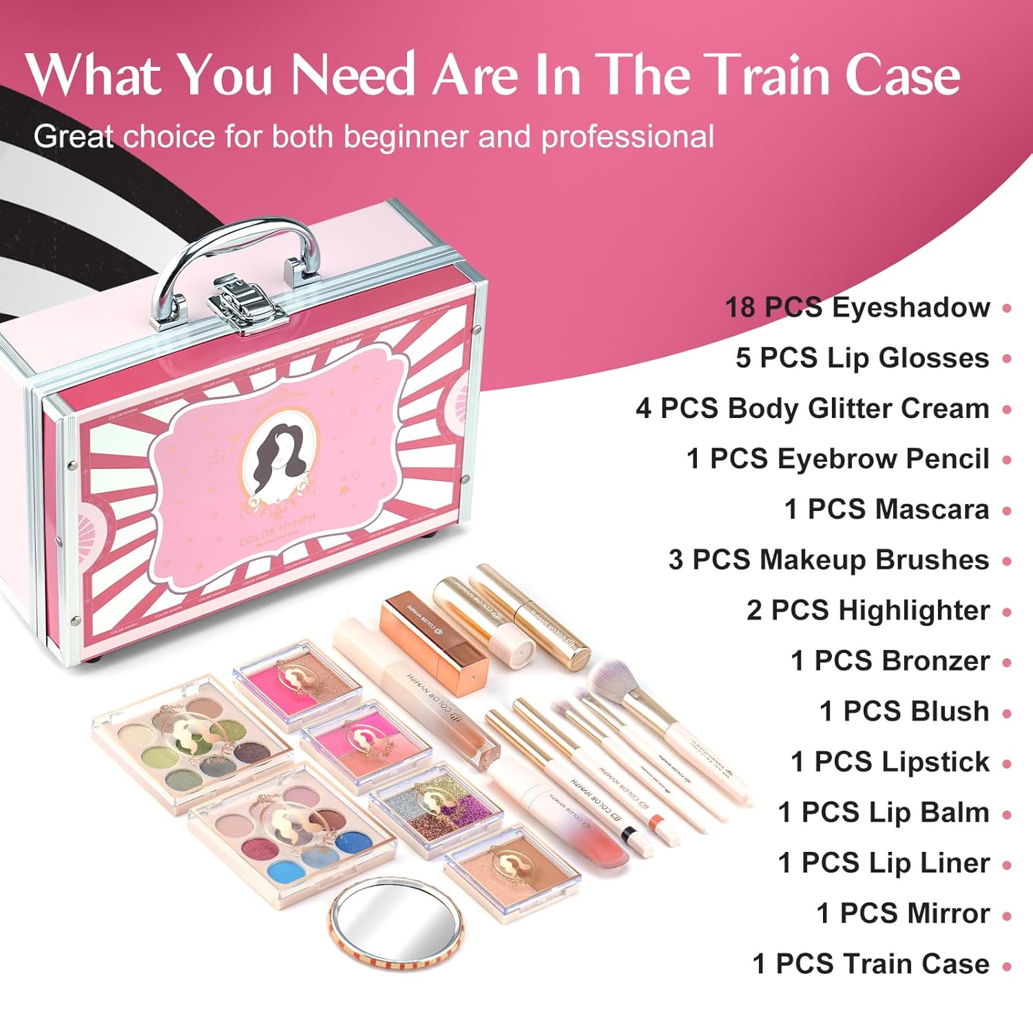 Color Nymph Kits de maquillaje para niñas para adolescentes con estuche de tren retro rosa, incluye paletas portátiles de sombra de ojos con