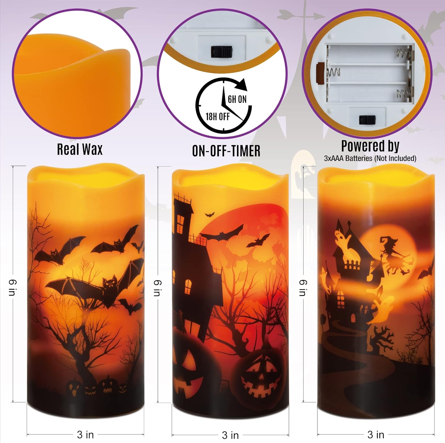 HN HAIINAA Velas de Halloween sin llama que funcionan con pilas con temporizador de 6 horas, velas LED parpadeantes de cera real, castillo, bruja,